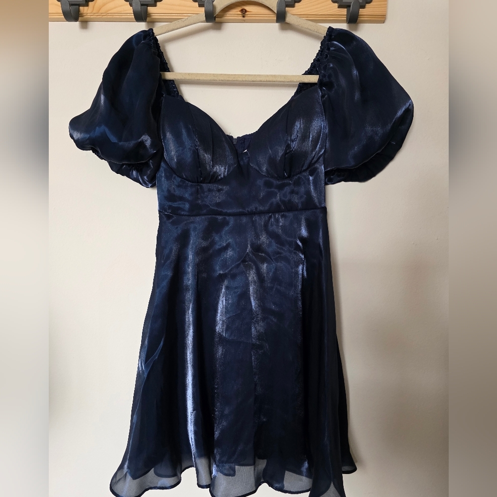 B. Darlin Junior's Navy Organza Puff Sleeve Baby Doll A-Line Size 3/4 - Picture 2 of 5